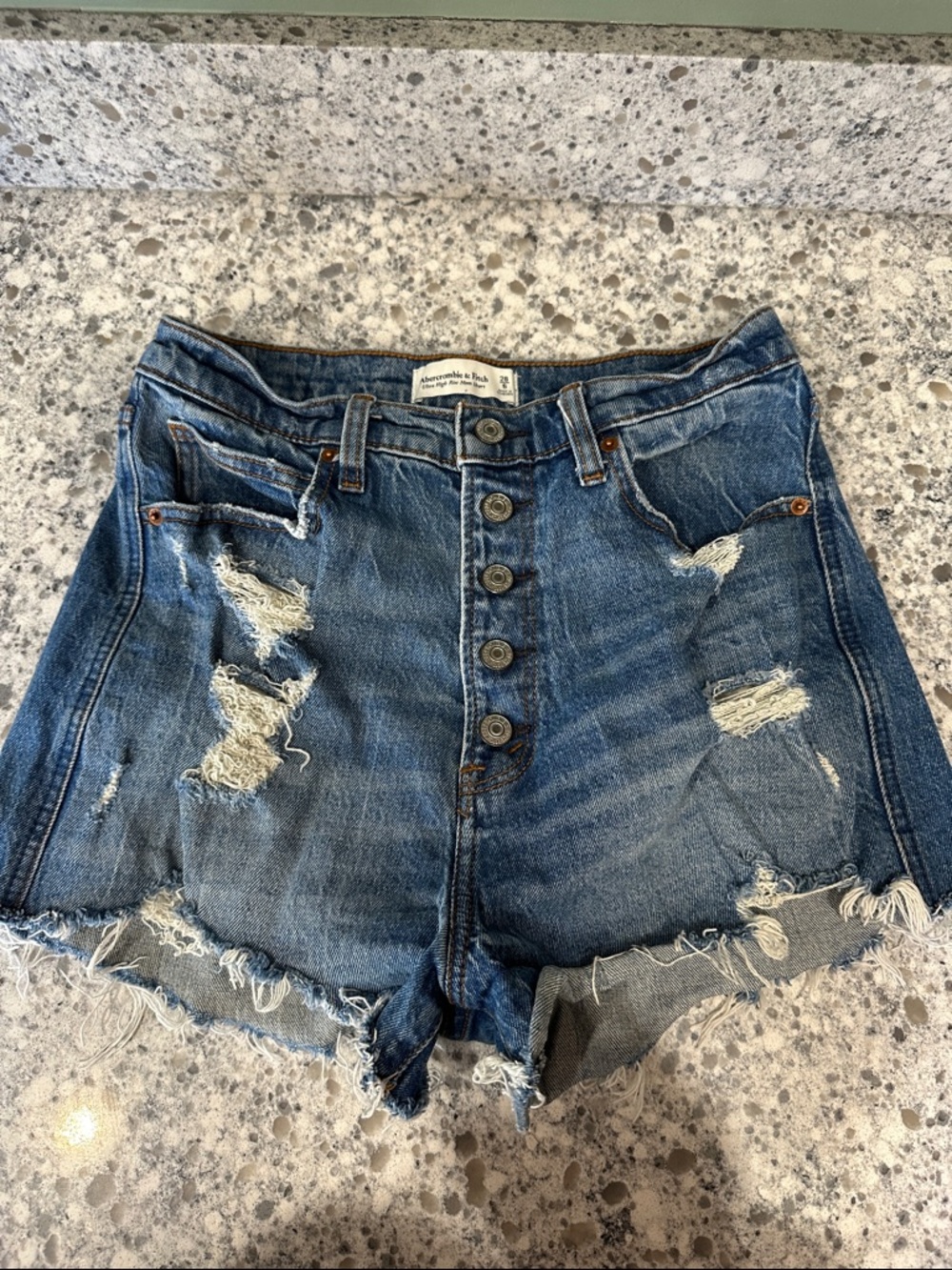 Abercrombie & Fitch Distressed Button-Front Denim Shorts in Blue